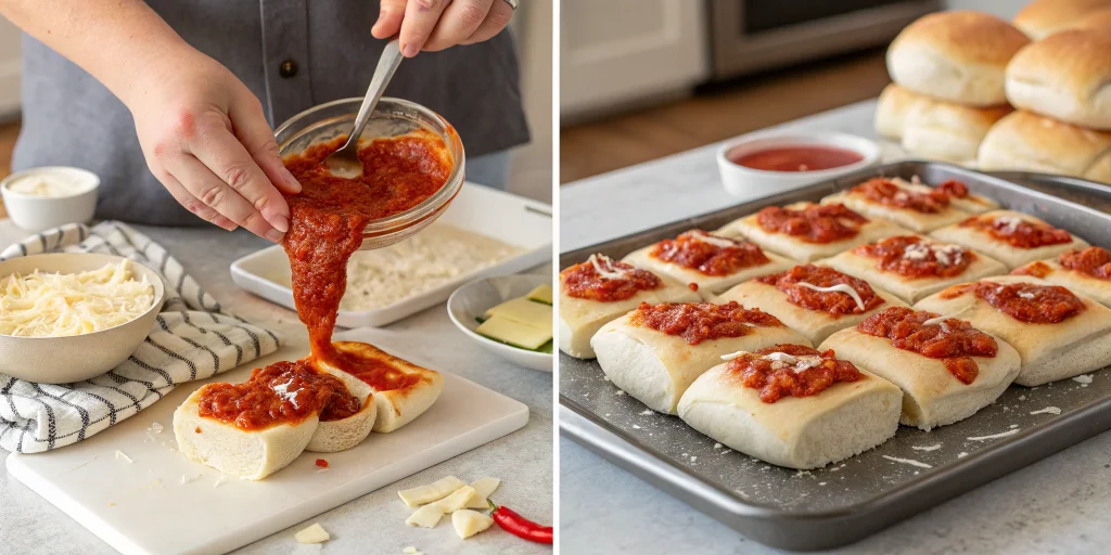Step-by-step preparation of pizza rolls showing halved bread rolls being topped with tomato sauce and cheese, ingredients lai