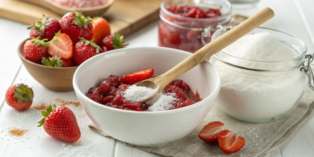 Step by step preparation of raw strawberry jam, fresh strawberries being mashed with sugar in a white bowl, wooden spoon, sug