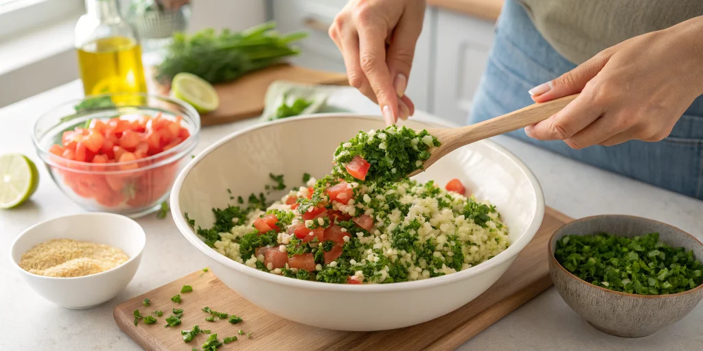 Step-by-step preparation of tabouleh salad, hands mixing fresh chopped parsley with soaked bulgur in a large mixing bowl, dic