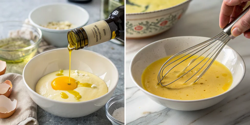 Step-by-step process of making aioli showing olive oil being slowly drizzled into egg yolk mixture while whisking, creamy emu
