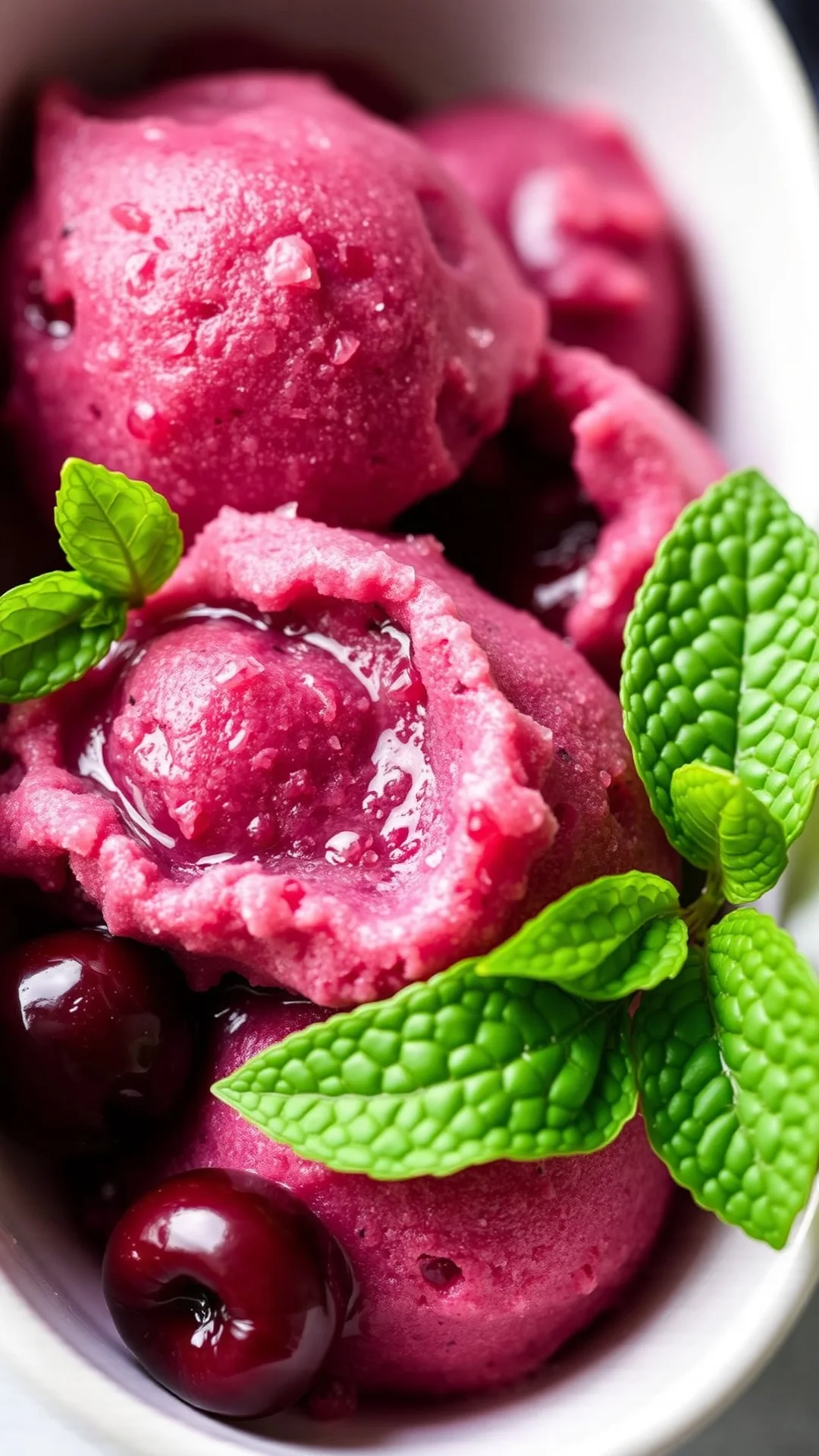 Sugar-free vegan cherry sorbet, frozen dessert scoops in bowl, fresh mint leaves, refreshing summer treat close-up