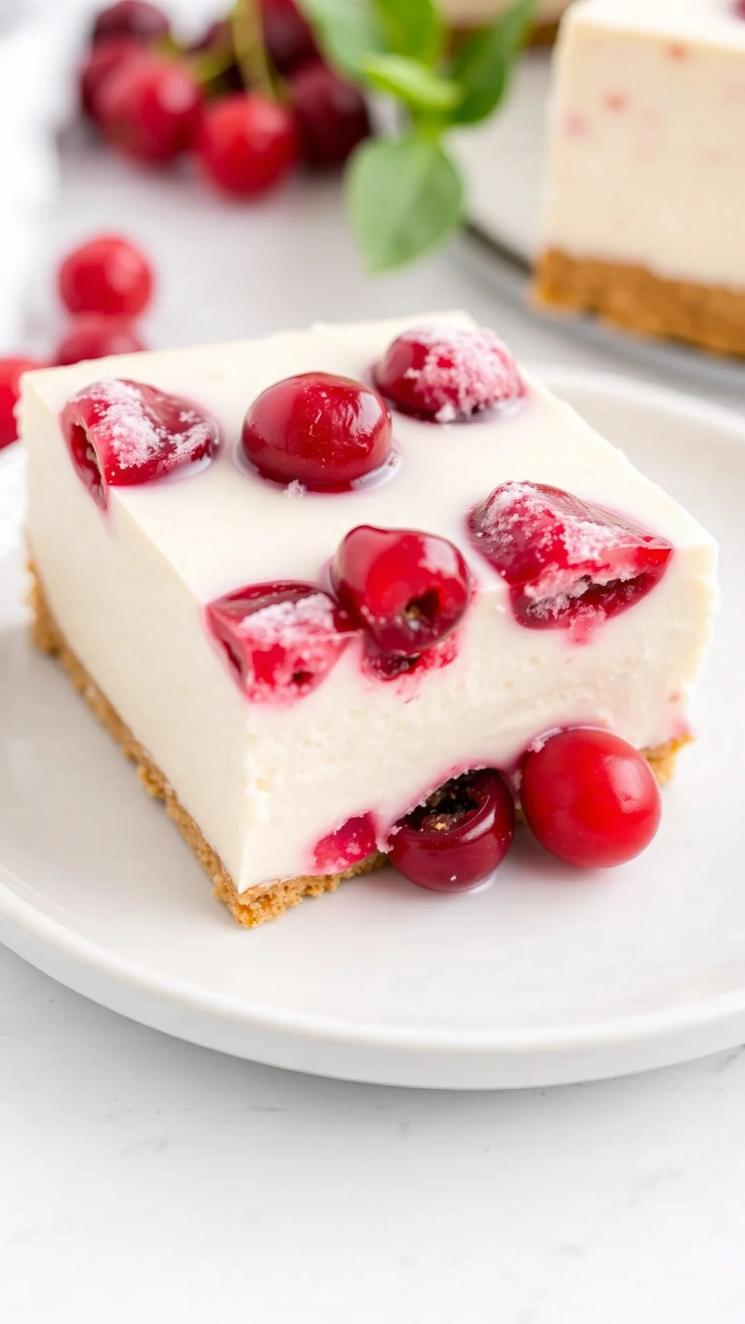 Thick creamy cheesecake slice with frozen red currants mixed in batter, white plate, graham cracker crust visible, profession
