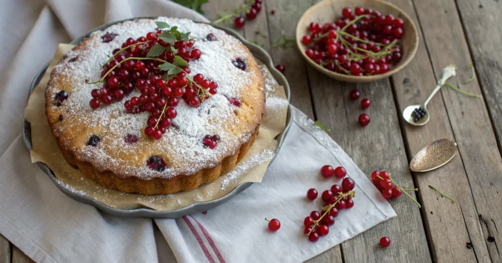 Top-down shot of a beautiful vegan blackcurrant cake with fresh red currants scattered on golden-brown sponge, dusted with wh