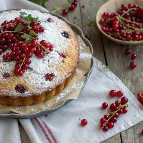 Top-down shot of a beautiful vegan blackcurrant cake with fresh red currants scattered on golden-brown sponge, dusted with wh