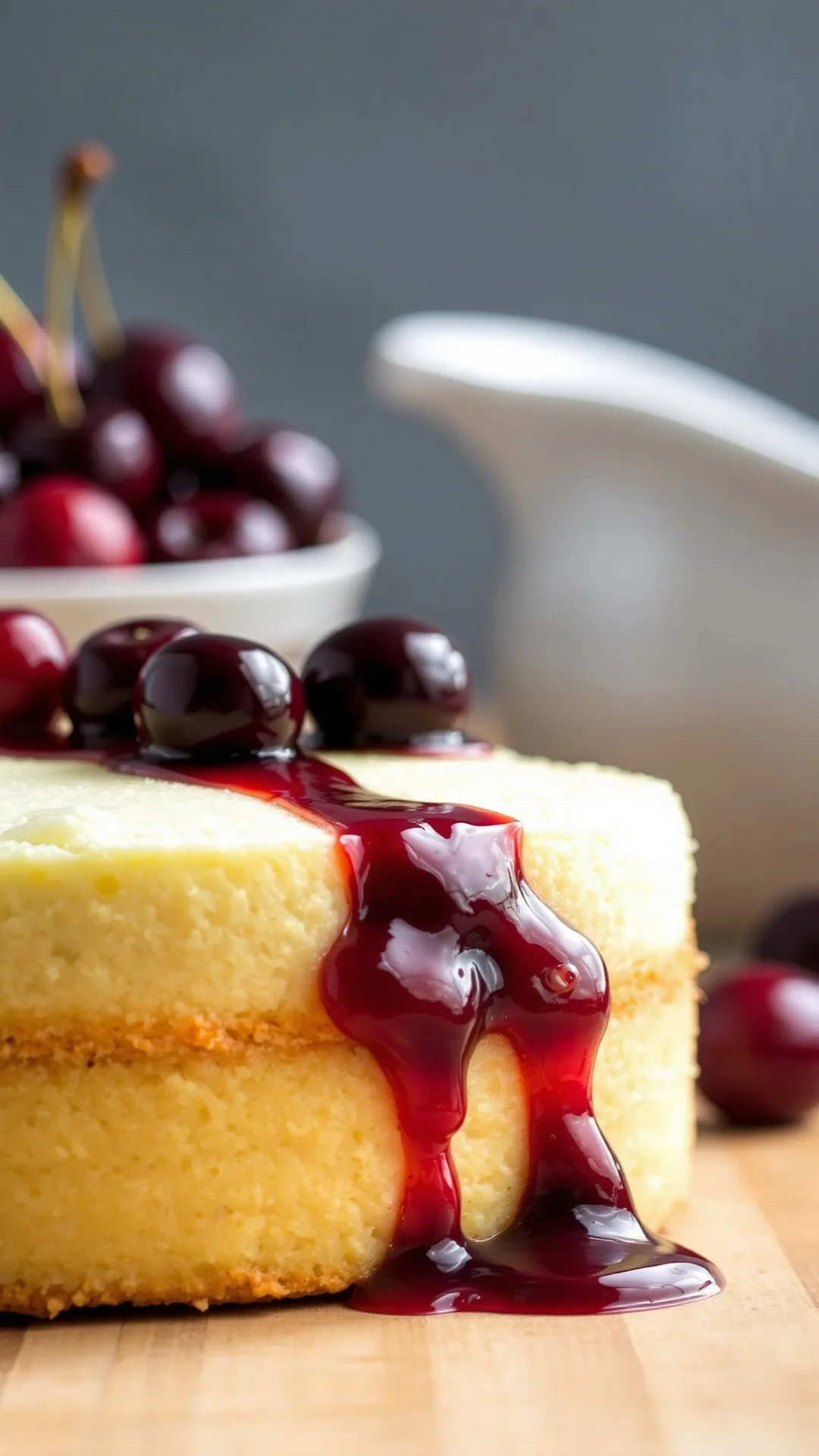 Vanilla cake with cherry compote, warm sauce dripping, glossy cherries, portrait orientation, soft lighting, homemade style,