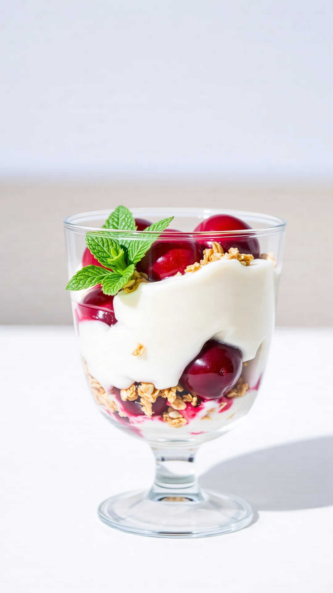 Vanilla yogurt parfait with fresh red cherries and granola layers, clear glass showing crunchy and creamy textures, granola c