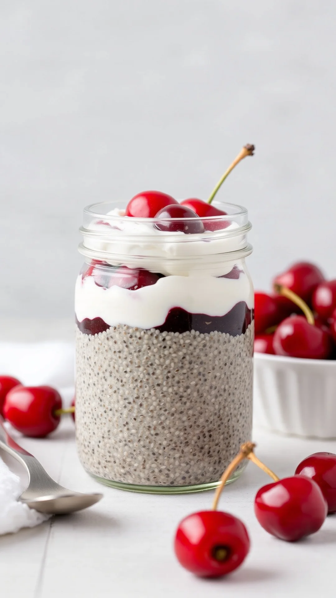 Vegan cherry chia pudding in glass jar, layered with coconut yogurt and fresh cherries, healthy breakfast bowl