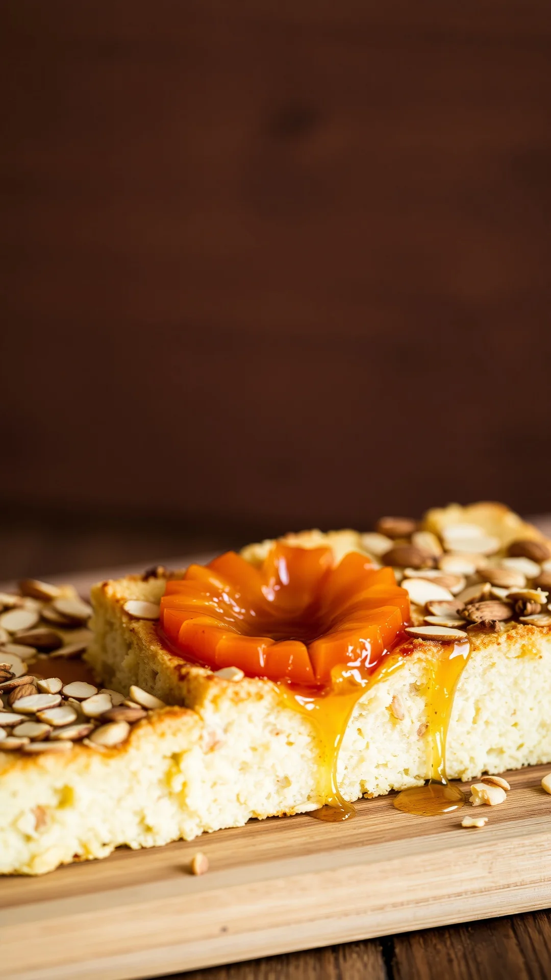 Vertical close-up of apricot almond sheet cake with toasted flaked almonds and honey drizzle on top, golden caramelized fruit