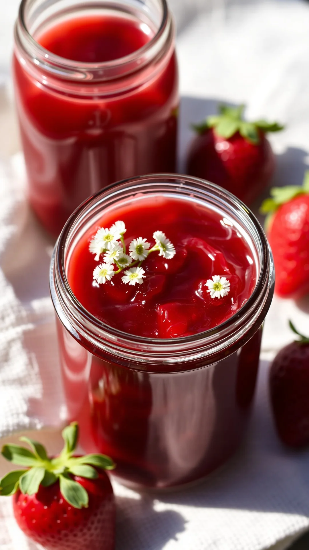 vertical close-up of strawberry rhubarb elderflower jam in a mason jar, delicate white elderflowers as garnish, glossy jam te