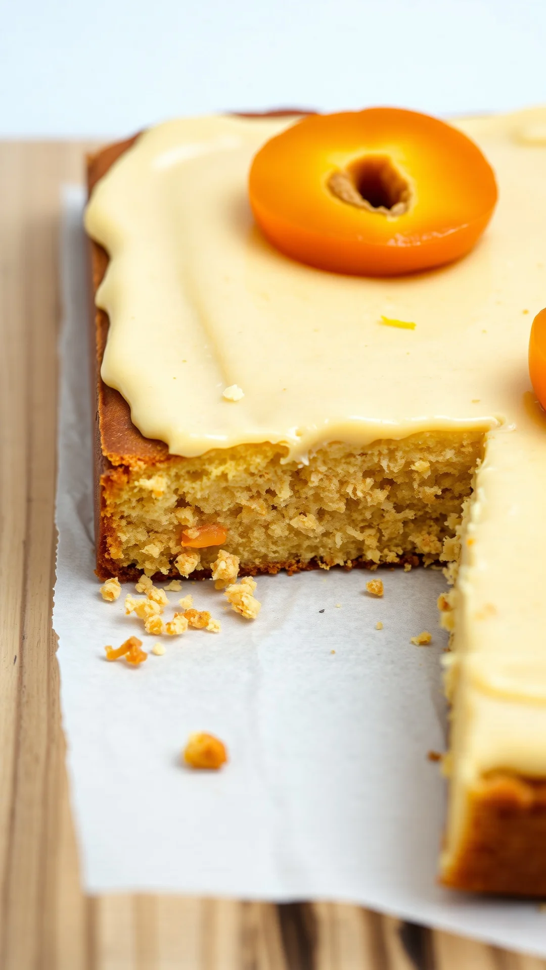 Vertical close-up of vegan apricot sheet cake with plant-based batter, fresh apricot halves on top, oat milk and lemon zest v