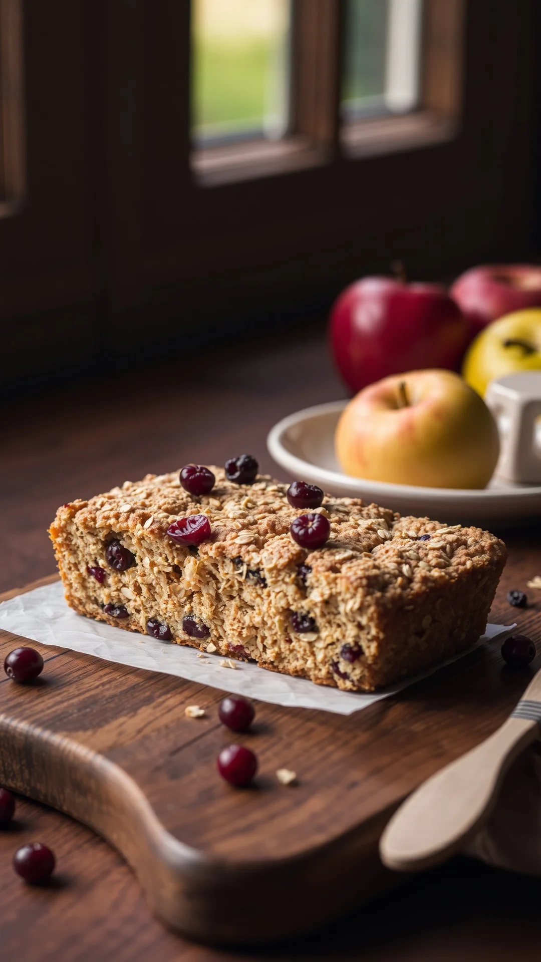 Vertical food photo of oatmeal apple cake with mixed currants, rustic presentation, wooden table background, natural window l