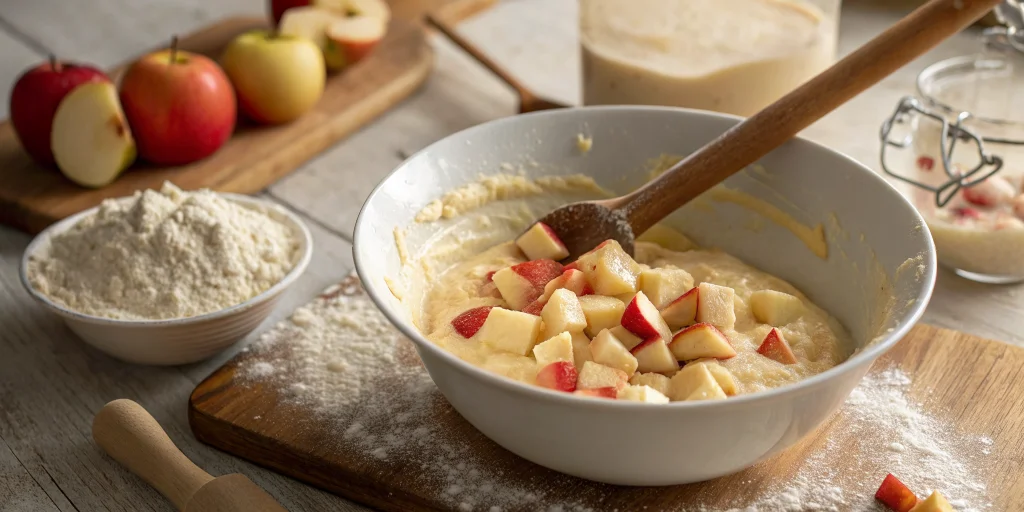 Waffle batter in a bowl with diced apple pieces being mixed in, wooden spoon, rustic kitchen counter, flour and ingredients v