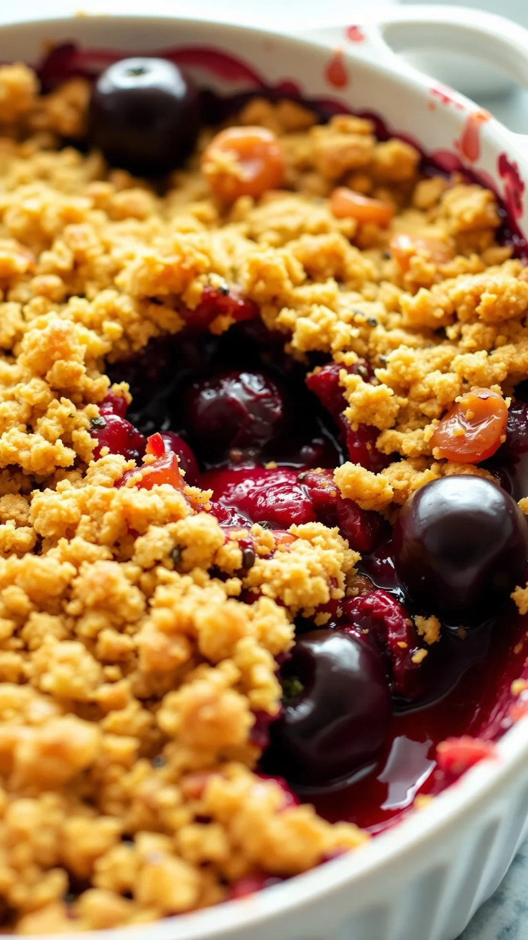 Warm cherry crumble in ceramic baking dish, golden crumbly topping, fresh cherries visible, rustic food photography, cozy sum