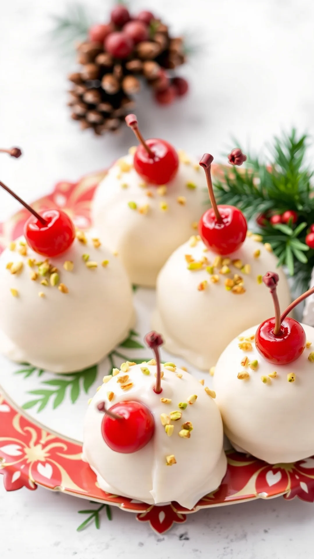 White chocolate covered gingerbread cherry domes with pistachio garnish and cherry tops, arranged on festive plate with holid