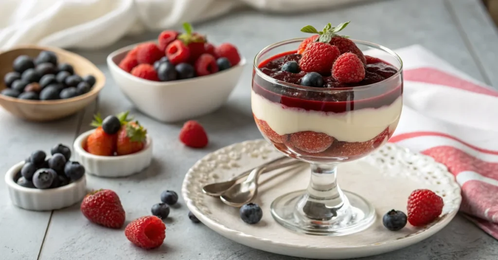Bariatric protein gelatin dessert in elegant glass, garnished with fresh berries, layered texture visible, creamy and appetiz