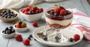 Bariatric protein gelatin dessert in elegant glass, garnished with fresh berries, layered texture visible, creamy and appetiz
