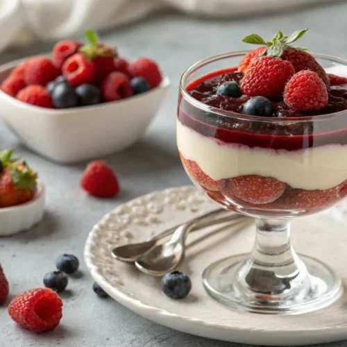 Bariatric protein gelatin dessert in elegant glass, garnished with fresh berries, layered texture visible, creamy and appetiz