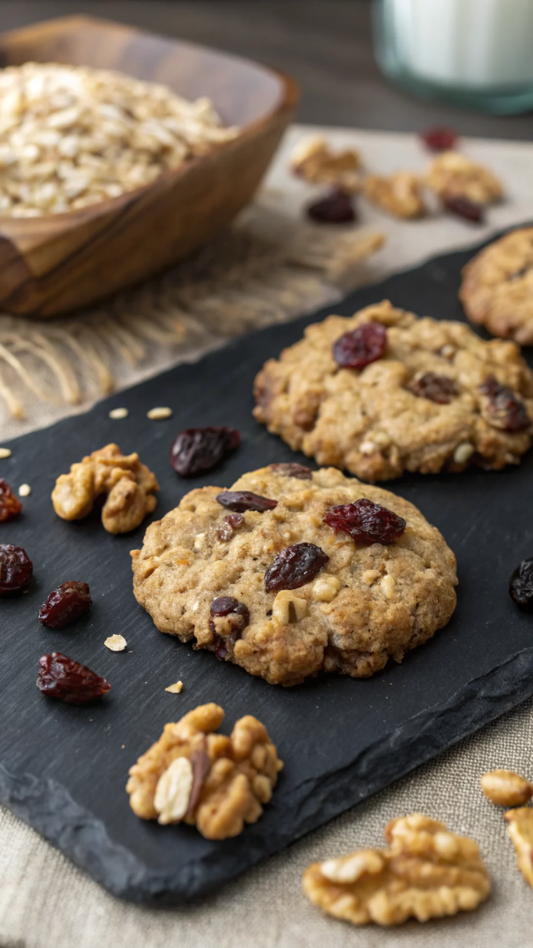 Close-up detail of freshly baked homemade oatmeal cookies with raisins, walnuts, on dark slate board, warm afternoon lighting