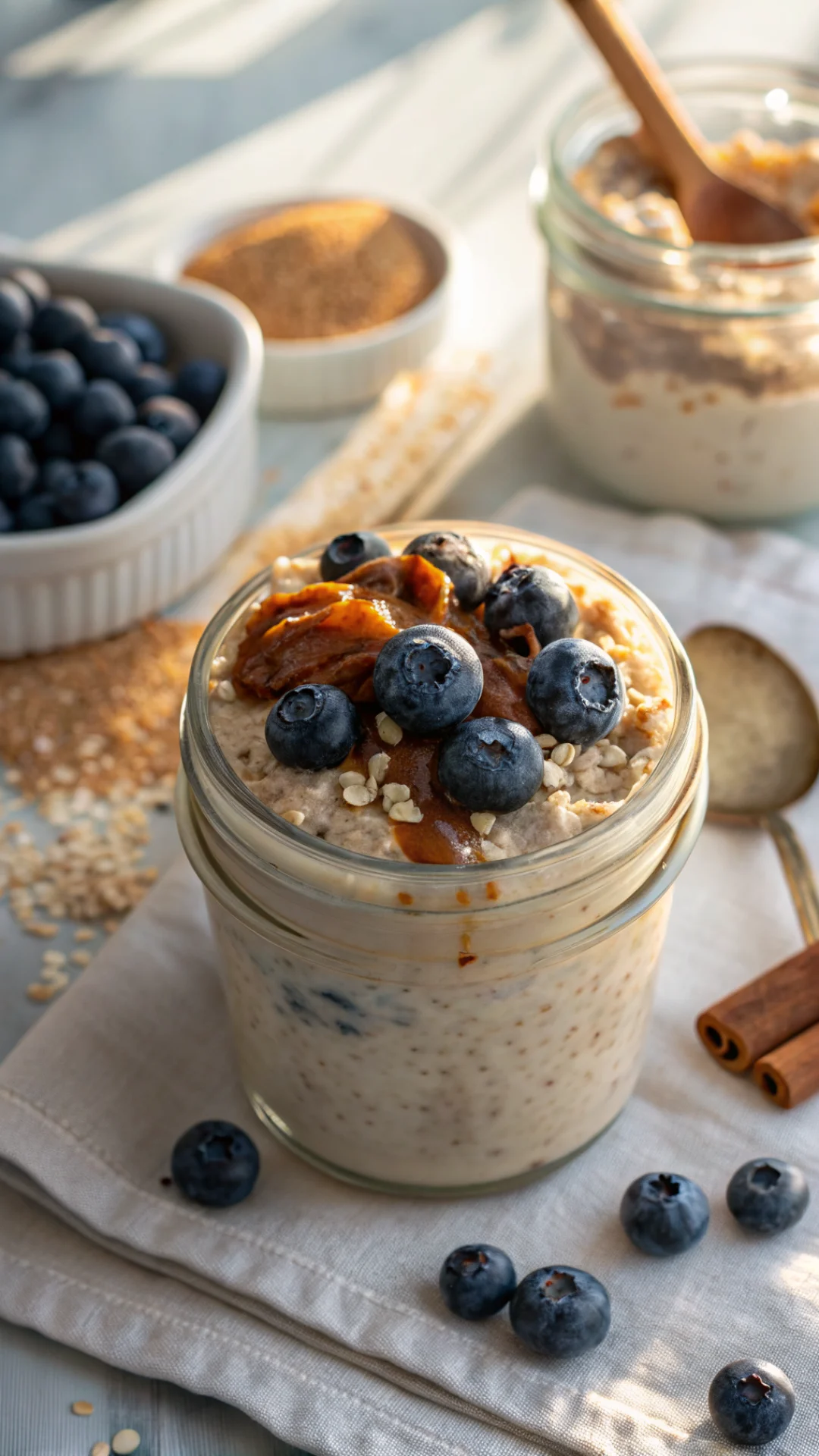 Close-up macro photography of creamy overnight oats with blueberries, topped with almond butter drizzle and cinnamon, golden