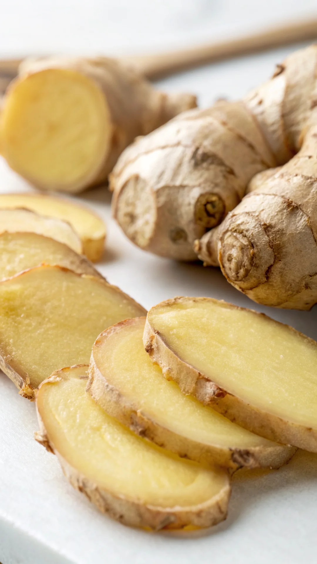 Close-up macro shot of freshly sliced ginger root on white background, sharp detail, warm lighting, food photography, organic