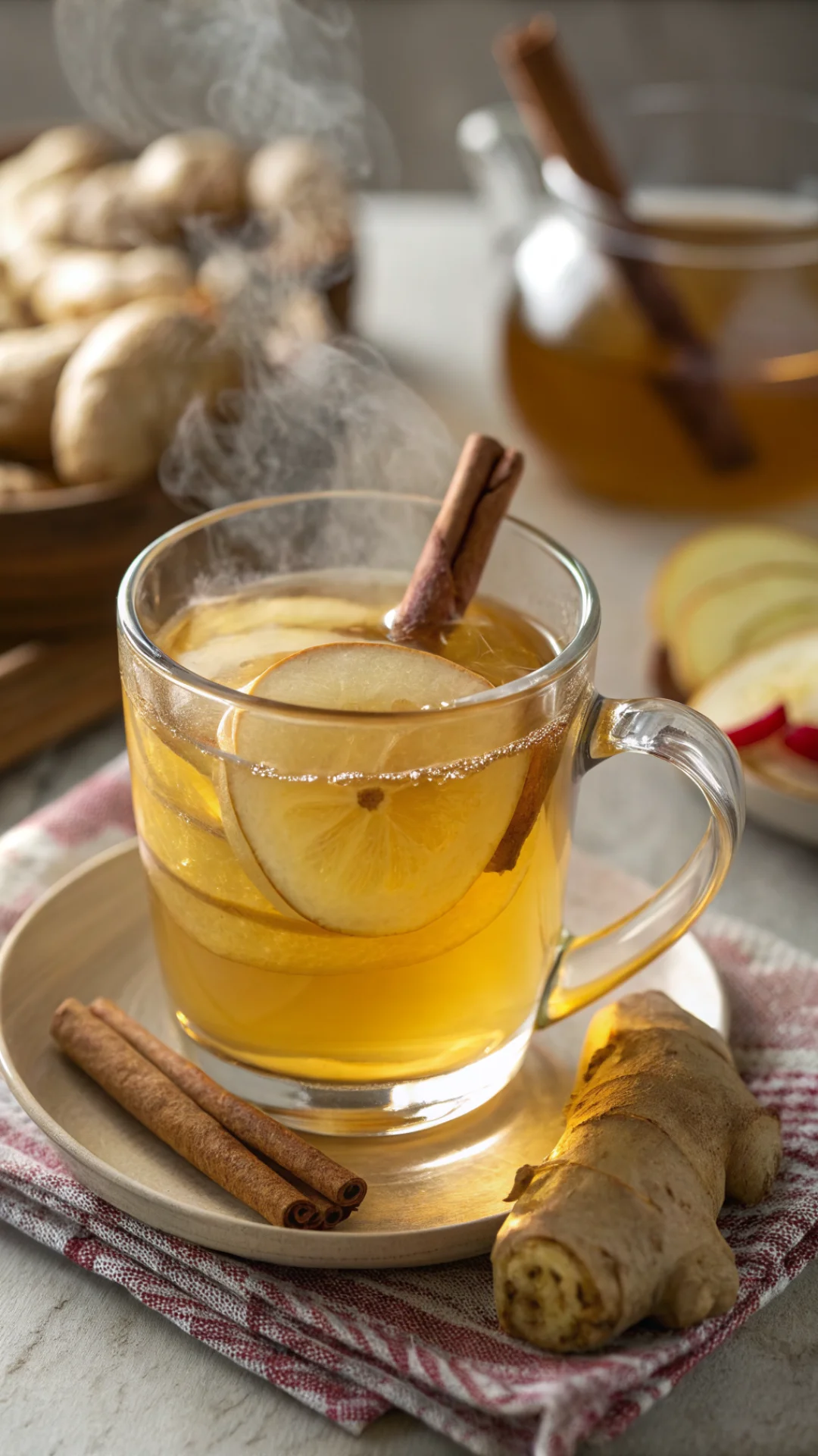 Close-up macro shot of ginger and cinnamon tea in clear glass mug, showing swirling golden liquid, fresh ginger slice floatin
