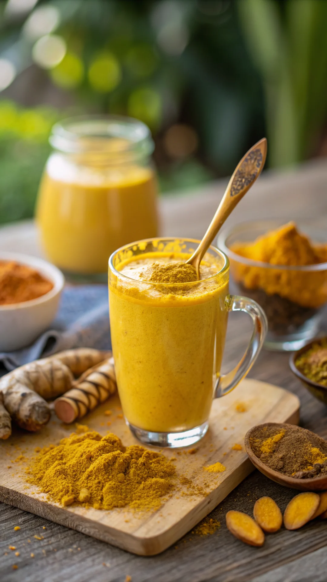 Close-up macro shot of golden turmeric powder being stirred into warm wellness drink, bokeh background, vibrant yellow color,