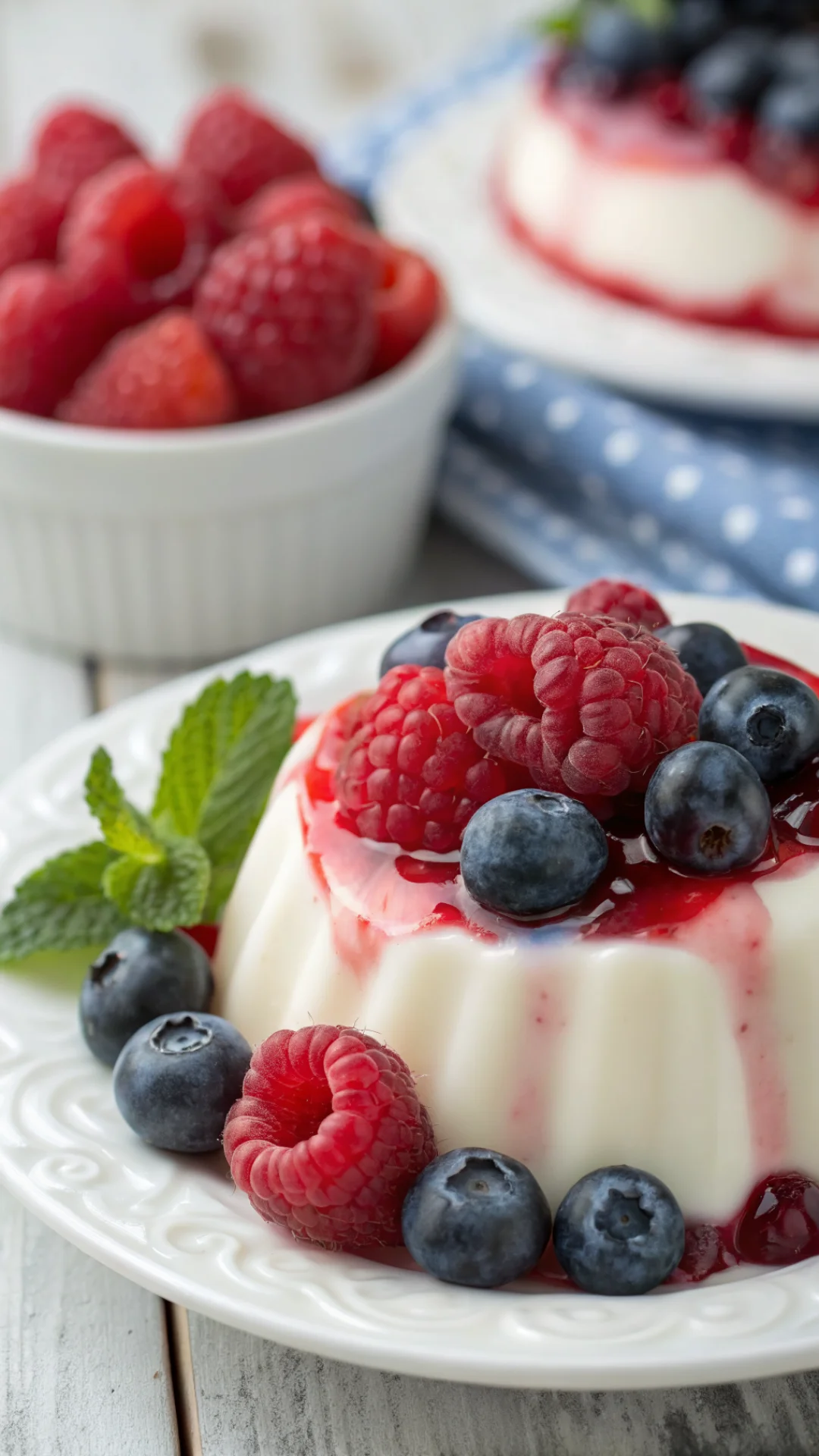 Close-up macro shot of protein gelatin with Greek yogurt swirl, fresh raspberries and blueberries on top, creamy texture deta