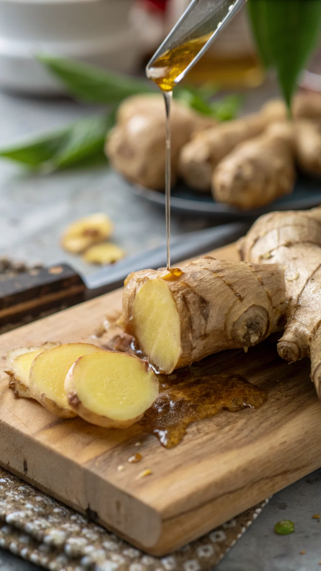 Close-up of ginger root being cut and pressed, juice dripping, shallow depth of field, macro food photography, professional c