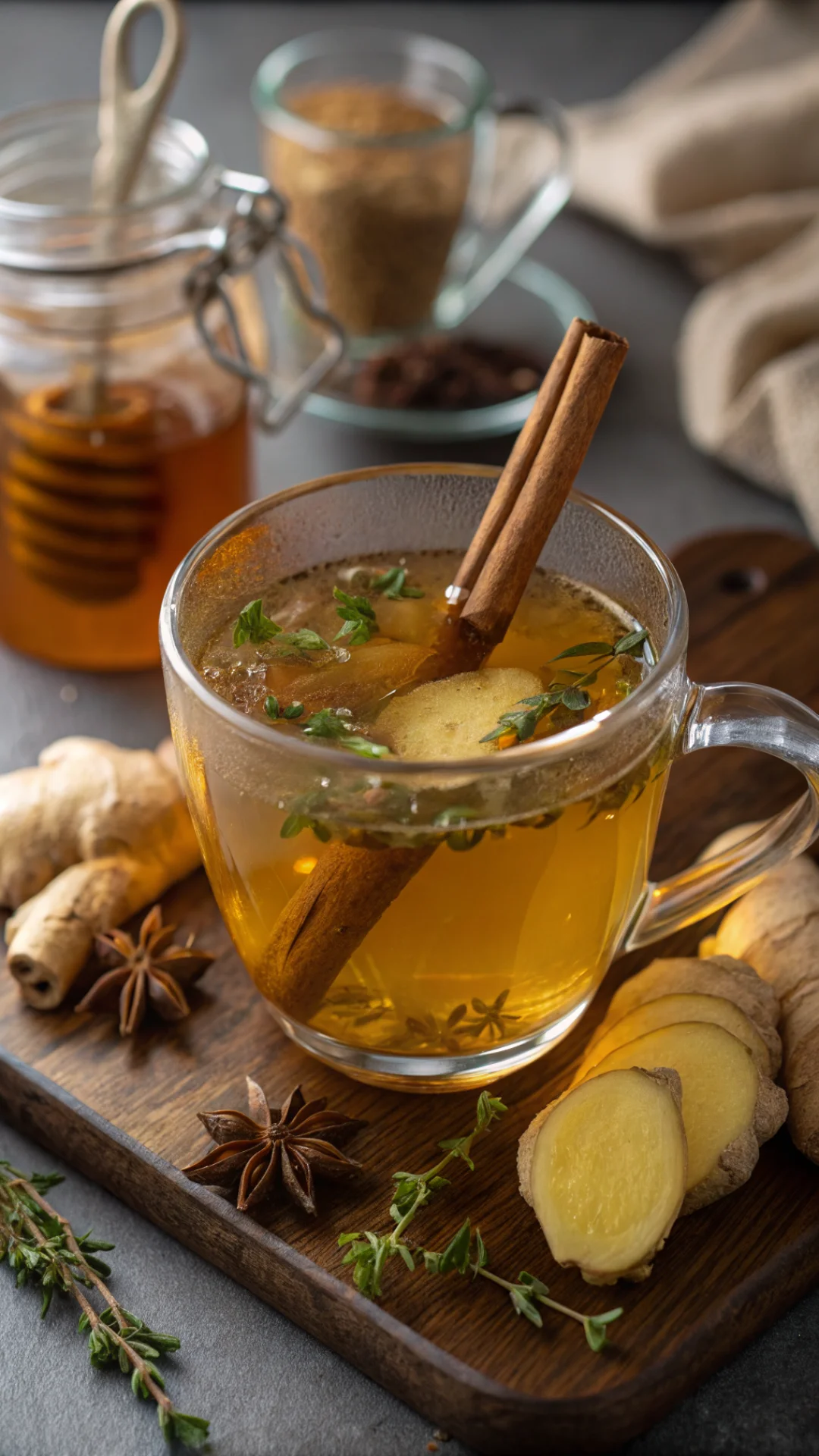Close-up of steaming ginger cinnamon tea in glass mug, fresh ginger root slices visible in liquid, cinnamon stick stirrer, ho