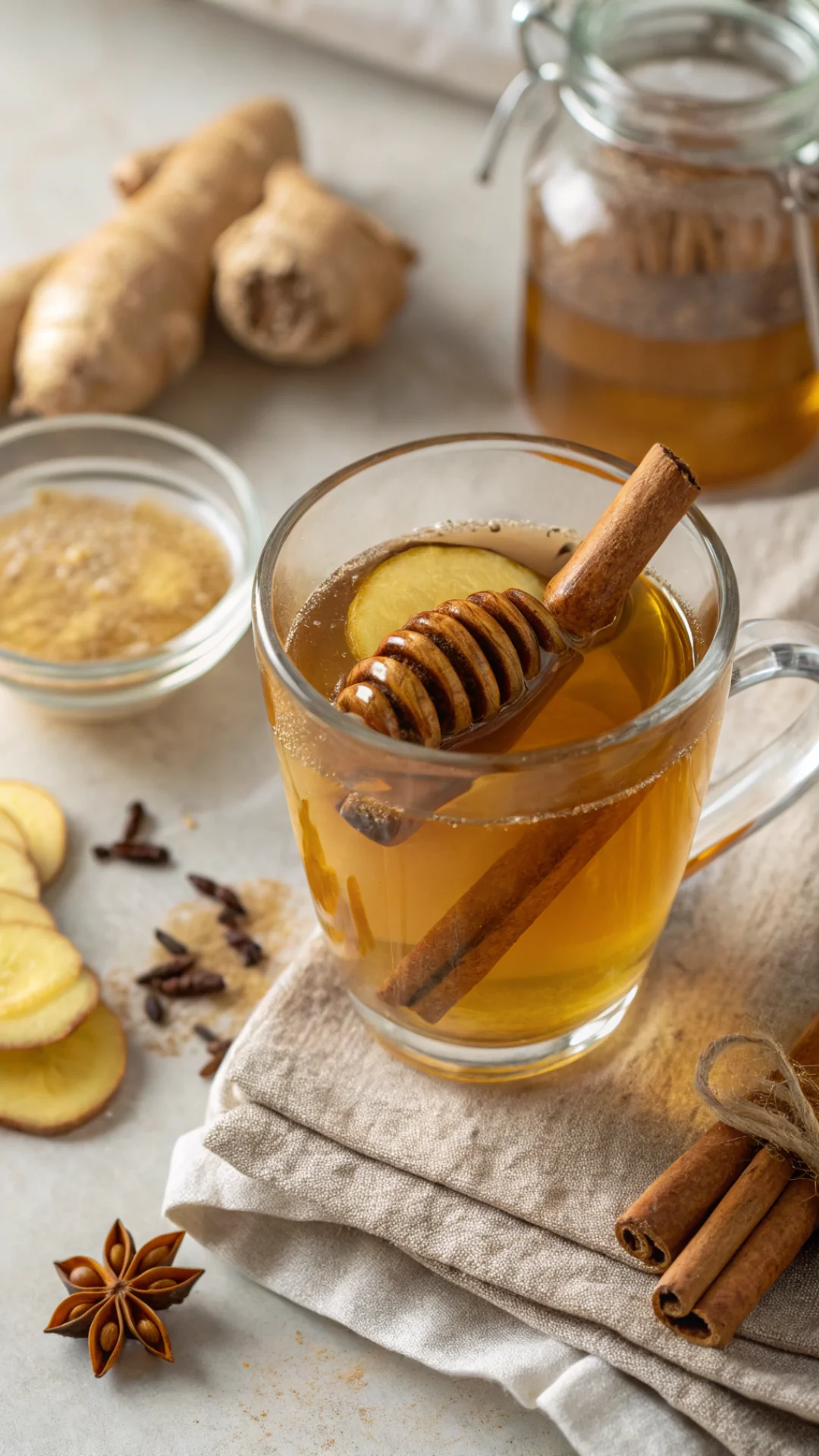 Close-up overhead shot of golden ginger cinnamon tea in clear glass mug, floating cinnamon sticks, honey swirl, fresh ginger