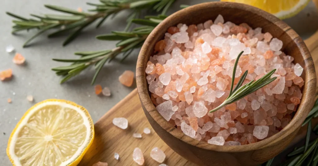 Close-up overhead shot of pink Himalayan salt crystals in wooden bowl with fresh rosemary herbs and lemon zest, professional