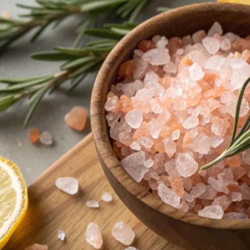 Close-up overhead shot of pink Himalayan salt crystals in wooden bowl with fresh rosemary herbs and lemon zest, professional