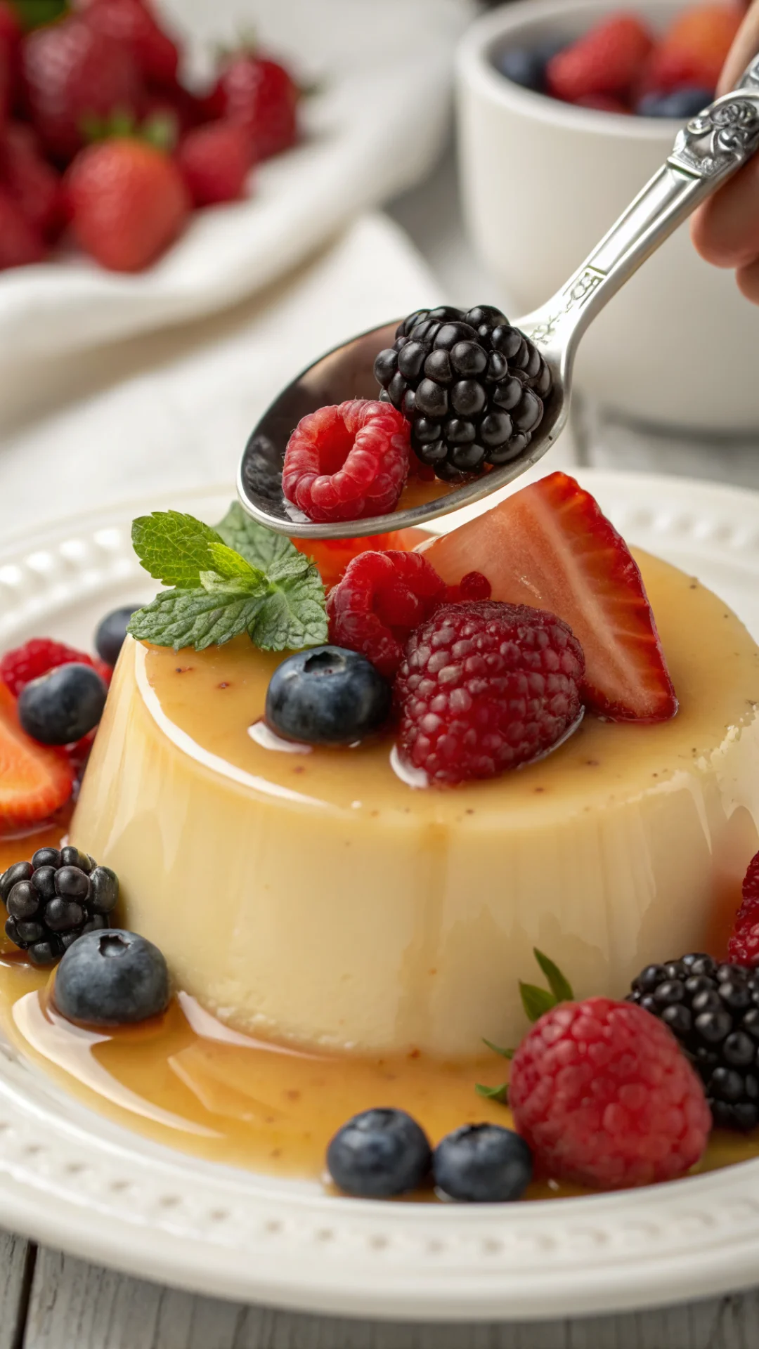 Detailed close-up of bariatric gelatin dessert being spooned, showing smooth creamy consistency, protein-rich texture, garnis