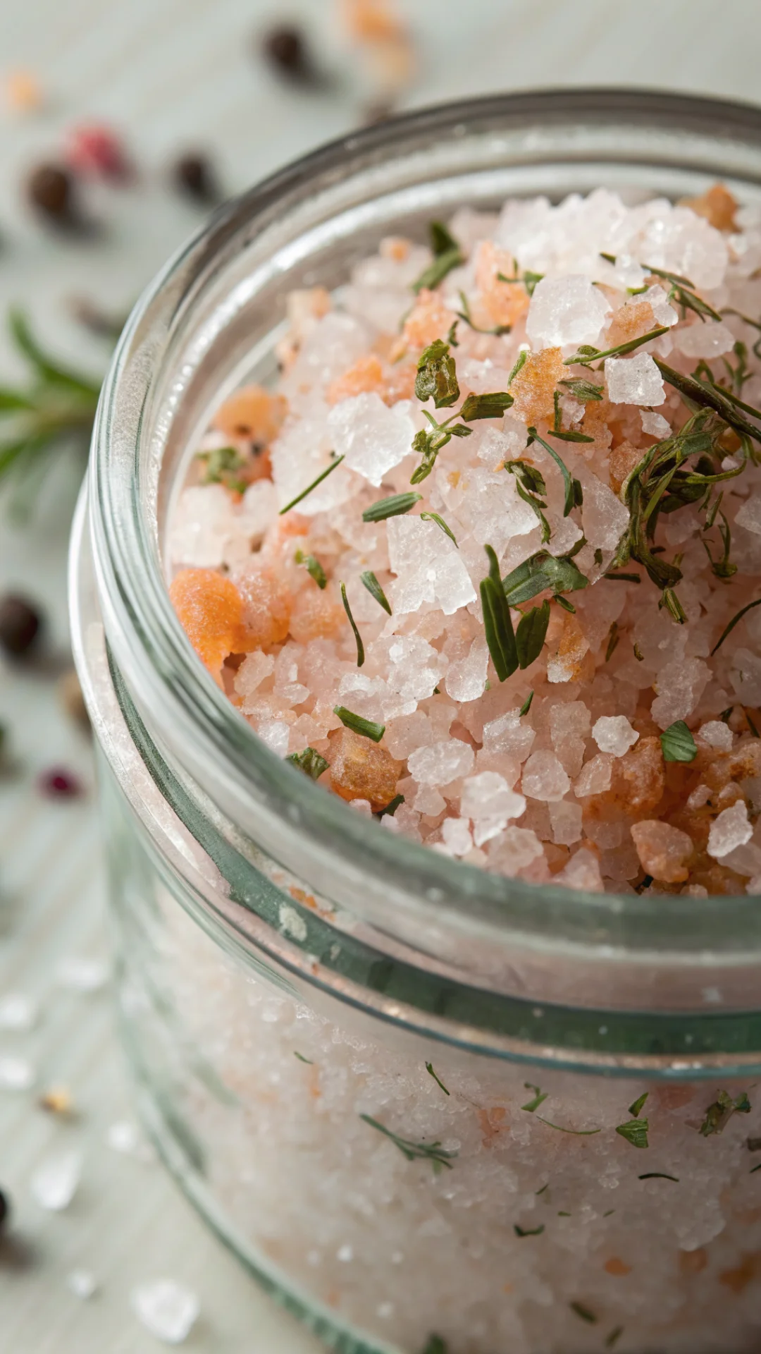 Extreme close-up of coarse and fine pink salt crystals mixed with herbs in glass jar, detailed texture food photography with