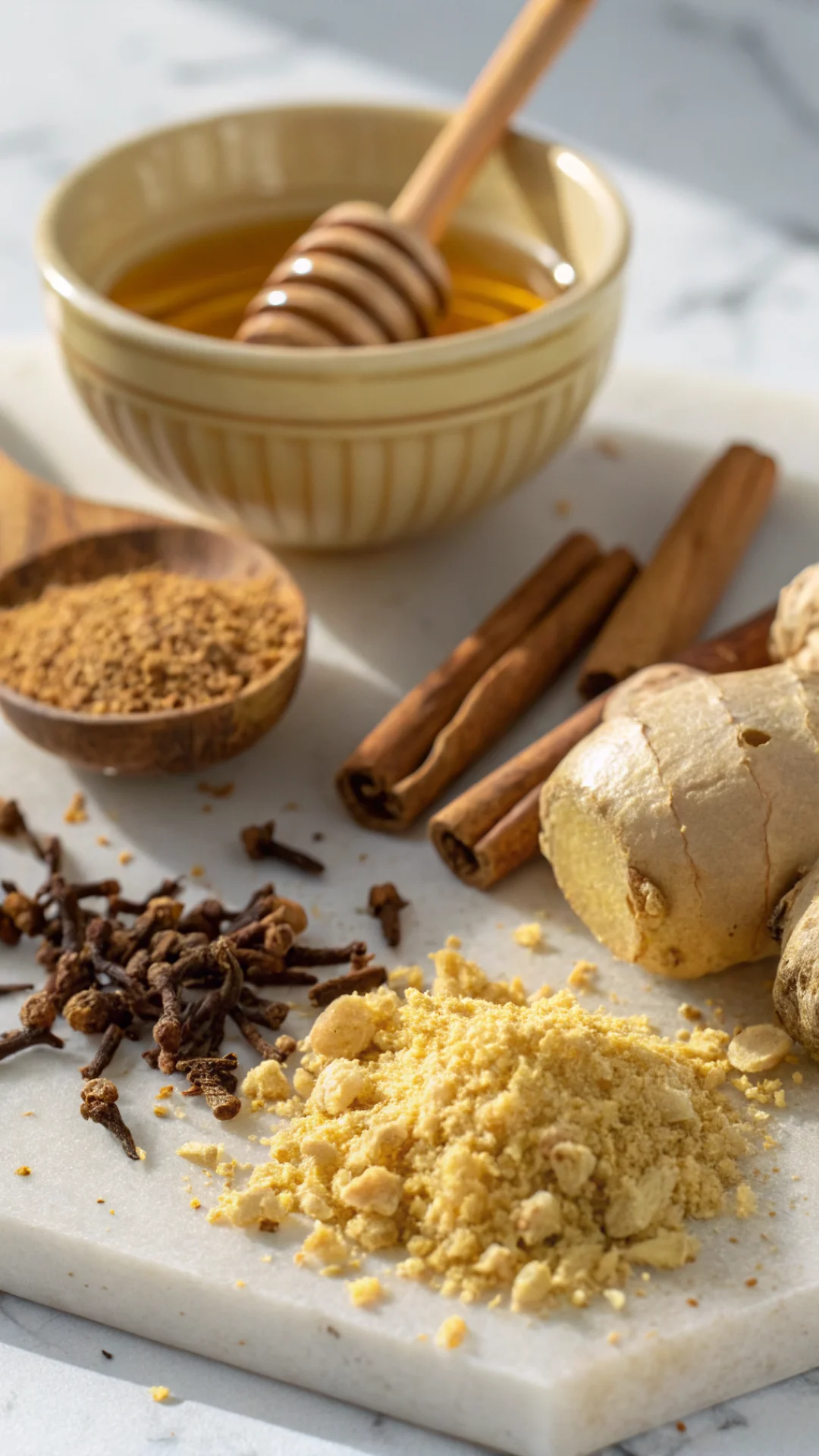 Extreme close-up of freshly grated ginger root, cinnamon sticks, dried cloves scattered on white surface, golden honey bowl,