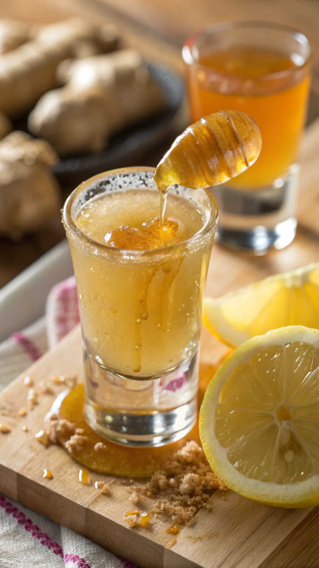 Finished ginger shot in shot glass with honey drizzle, lemon wedge garnish, close-up macro photography, golden sunlight, appe