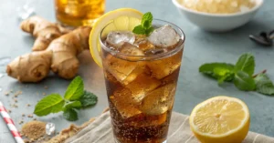 Fresh ginger cola drink in a tall glass with ice, lemon slice, mint leaves, sparkling water, professional food photography, n