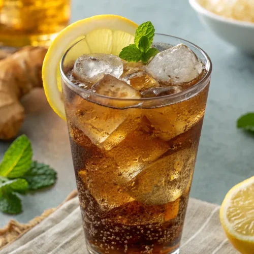 Fresh ginger cola drink in a tall glass with ice, lemon slice, mint leaves, sparkling water, professional food photography, n