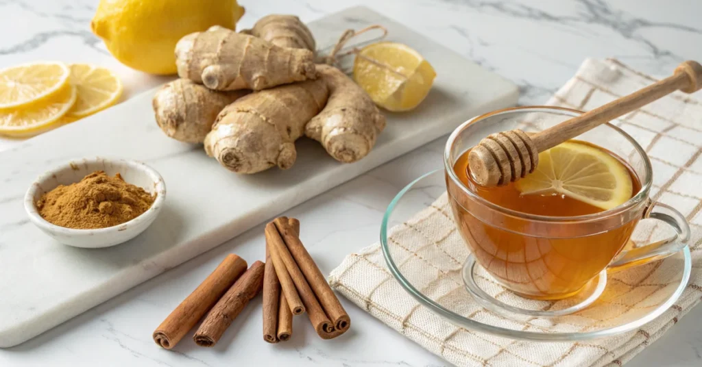 Fresh ginger root and cinnamon sticks arranged on a white marble countertop with steaming cup of golden ginger cinnamon tea,