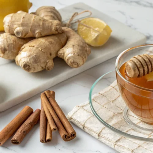 Fresh ginger root and cinnamon sticks arranged on a white marble countertop with steaming cup of golden ginger cinnamon tea,