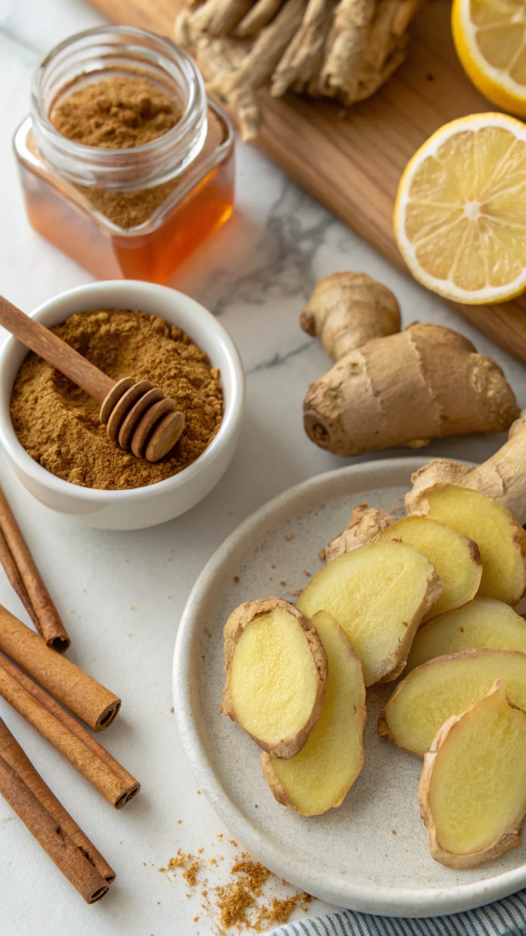 Fresh ginger root sliced and arranged artfully, cinnamon sticks, ground cinnamon powder, raw ingredients, honey jar, lemon ha