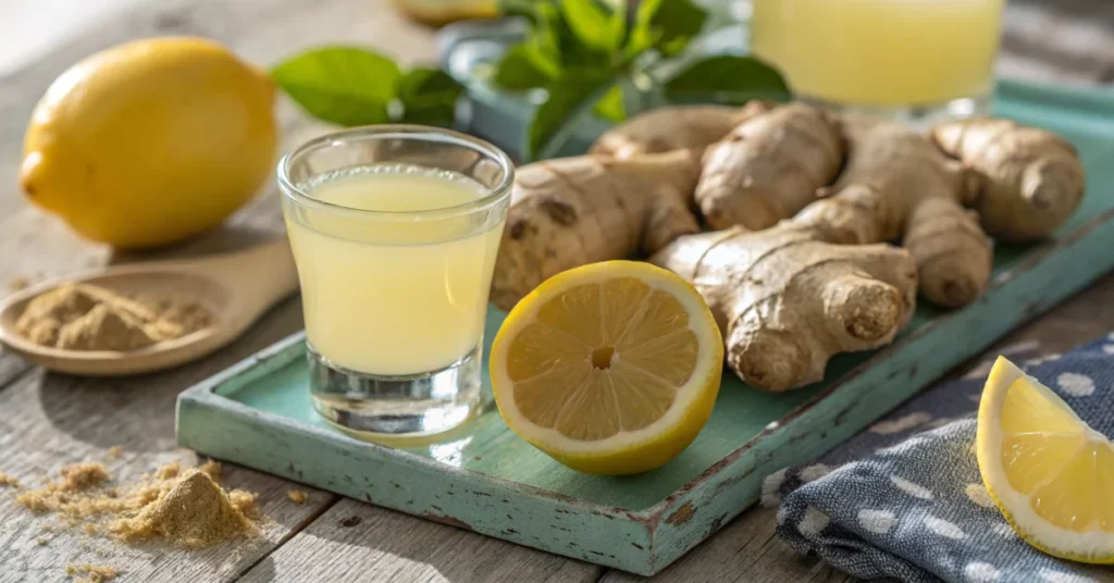 Ginger shot in a small clear glass, surrounded by fresh ginger root and lemon slices, natural daylight, vibrant and healthy f