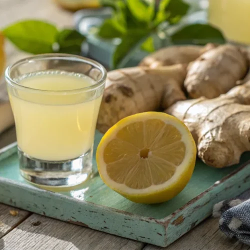 Ginger shot in a small clear glass, surrounded by fresh ginger root and lemon slices, natural daylight, vibrant and healthy f