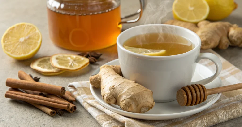 Golden ginger and cinnamon tea in a white ceramic mug, fresh ginger slices and cinnamon sticks scattered around, warm steam r