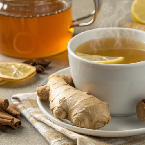 Golden ginger and cinnamon tea in a white ceramic mug, fresh ginger slices and cinnamon sticks scattered around, warm steam r