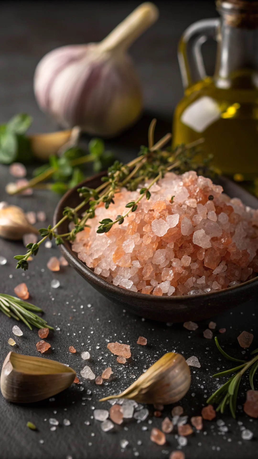 Macro close-up of pink Himalayan salt with aromatic herbs, olive oil drizzle, fresh garlic and thyme, professional food photo