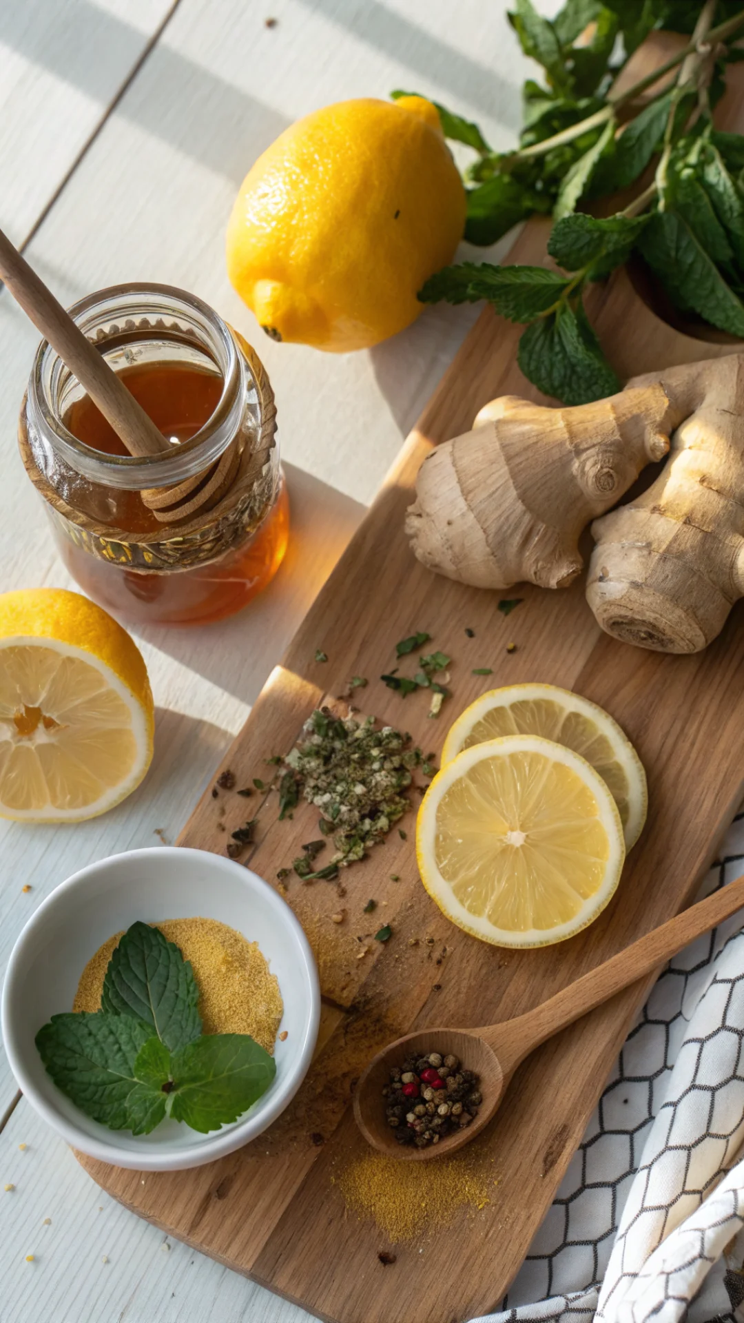 Overhead close-up of fresh ingredients for Mounjaro recipe: ginger root, lemon slices, honey jar, green tea, spices on wooden