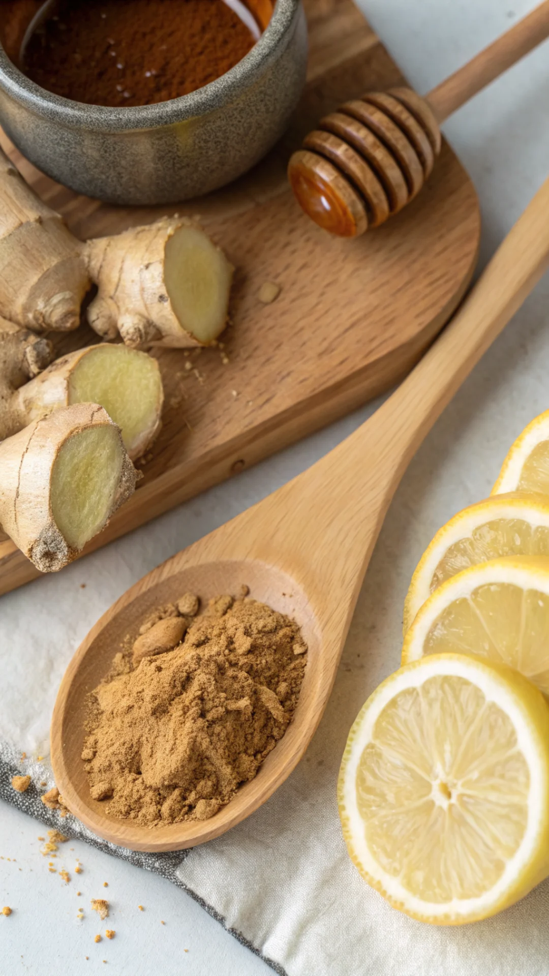 Overhead close-up of freshly sliced ginger root and ground cinnamon powder on wooden spoon, with honey pot and lemon wedge, n