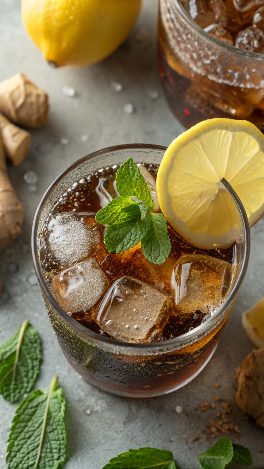 Overhead close-up of ginger cola drink with bubbles, ice cubes, fresh mint garnish, lemon wheel, condensation on glass, appet