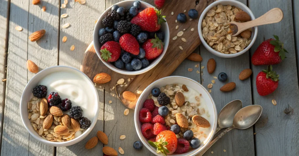 Overhead flat lay of healthy oatmeal breakfast bowls with fresh berries, yogurt, granola, and almonds, natural morning sunlig